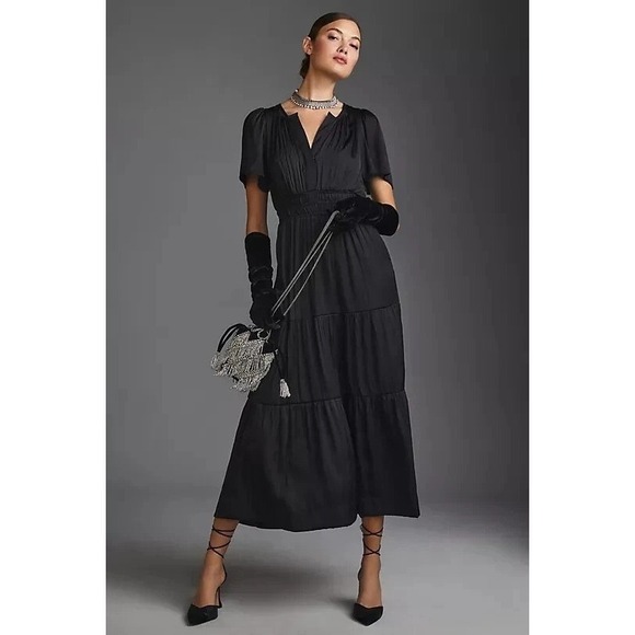 Anthropologie Dresses & Skirts - Anthropologie Dress Womens Small Satin Somerset Maxi Tiered Black Flutter Sleeve